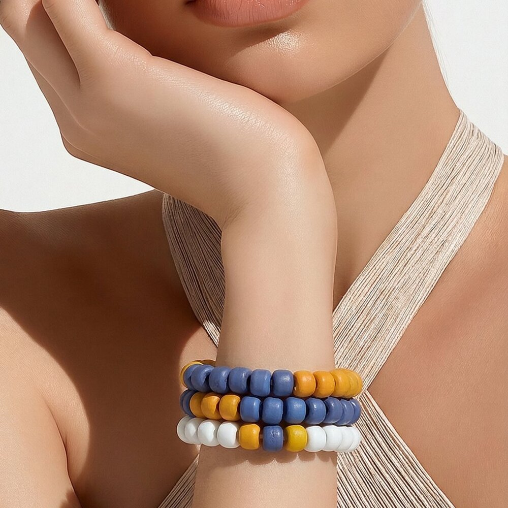 Unique Blue, Orange and White India Beaded Stretch Set of 3 Bracelets‎